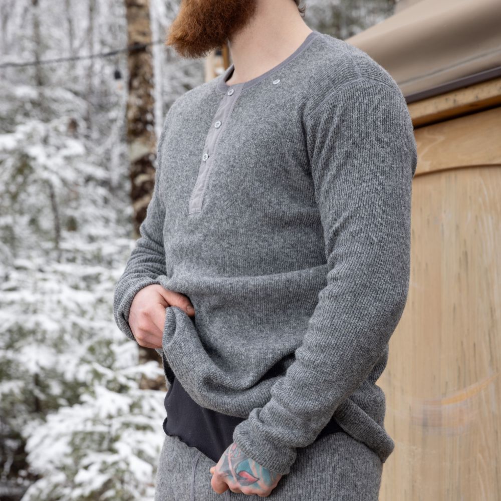 Men's | Stanfield's | 1315GL | Heritage Fleece Lined Heavy Weight Wool Henley | Grey Mixed