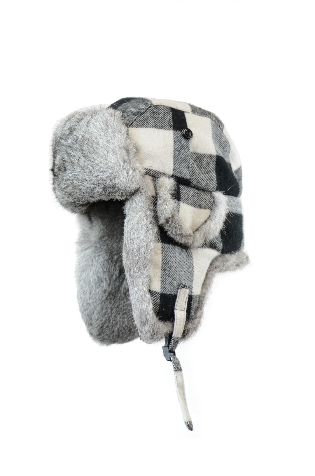 Men's | Crown Cap | 2-96467 | Buffalo Check Aviator Hat with Rabbit Trim | White / Grey