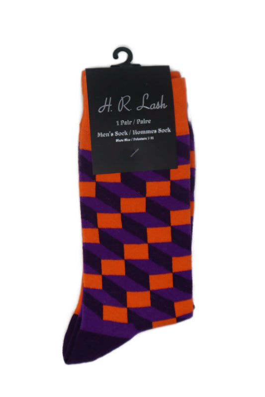 H.R. Lash | FS235 | Fun Socks | Orange / Purple Squares