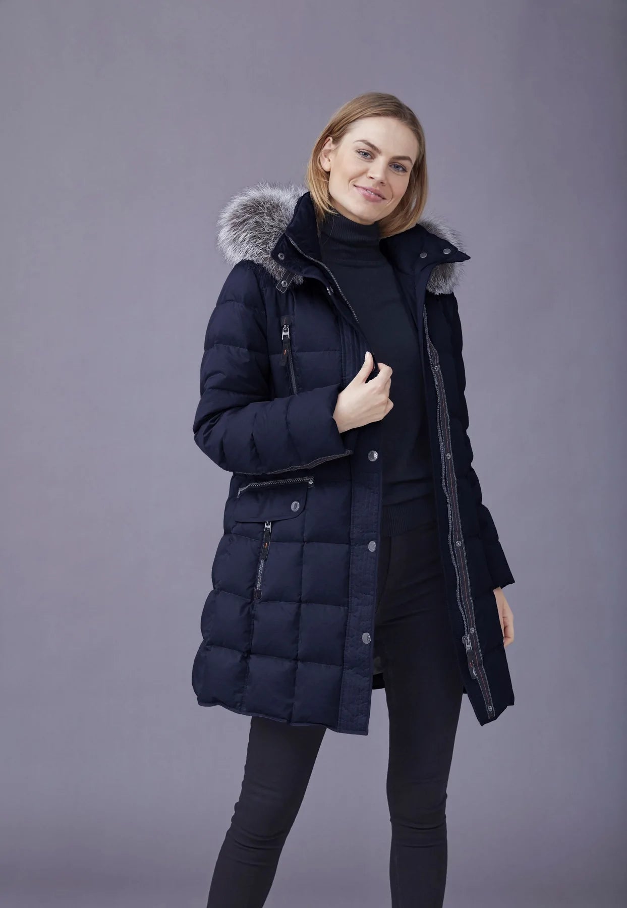 Womens navy padded 2025 coat with fur hood