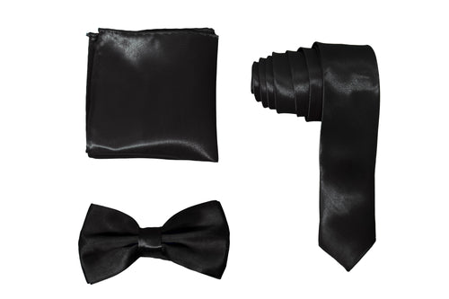 H.R. Lash | SLMNBP001 | Slim Necktie, Bow Tie and Pocket Square 3 Piece Set | Black