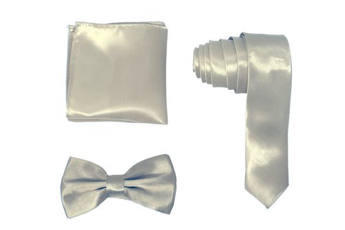 H.R. Lash | SLMNBP002 | Slim Necktie, Bow Tie and Pocket Square 3 Piece Set | Light Grey