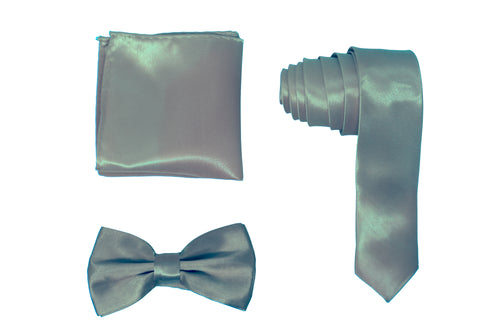H.R. Lash | SLMNBP003 | Slim Necktie, Bow Tie and Pocket Square 3 Piece Set | Silver Grey