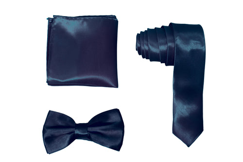 H.R. Lash | SLMNBP007 | Slim Necktie, Bow Tie and Pocket Square 3 Piece Set | Dark Blue