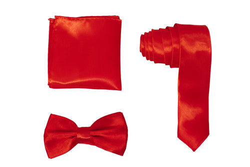 H.R. Lash | SLMNBP011 | Slim Necktie, Bow Tie and Pocket Square 3 Piece Set | Bright Red