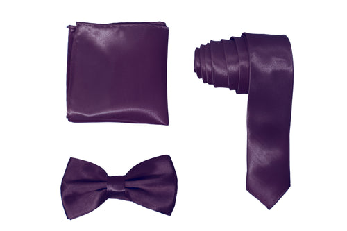 H.R. Lash | SLMNBP016 | Slim Necktie, Bow Tie and Pocket Square 3 Piece Set | Dark Purple